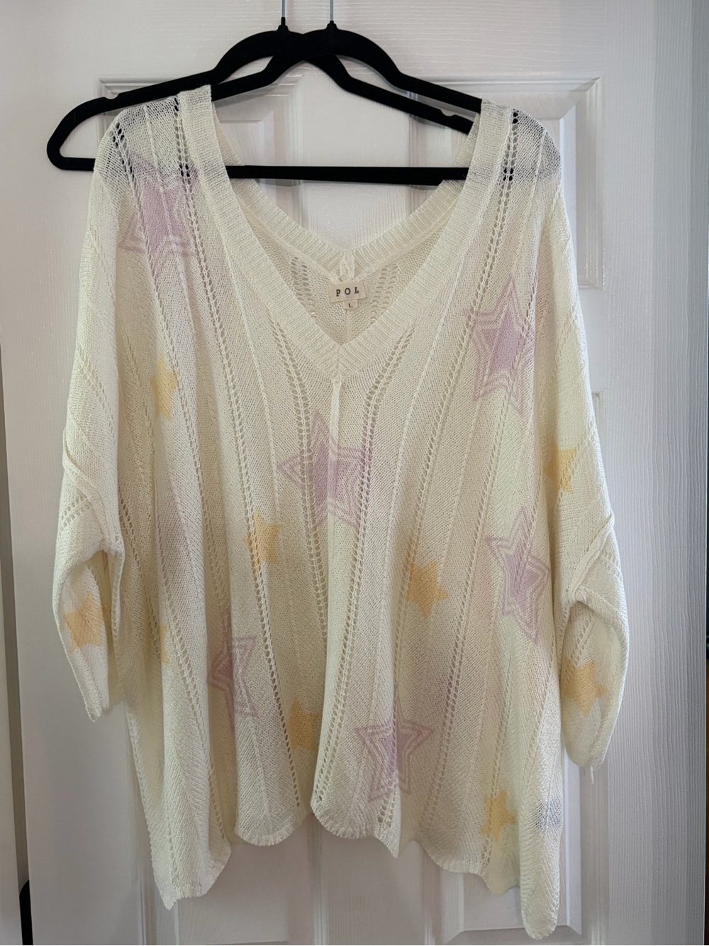 POL Cream V-Neck Sweater with Pastel Pink & Pale Yellow Stars